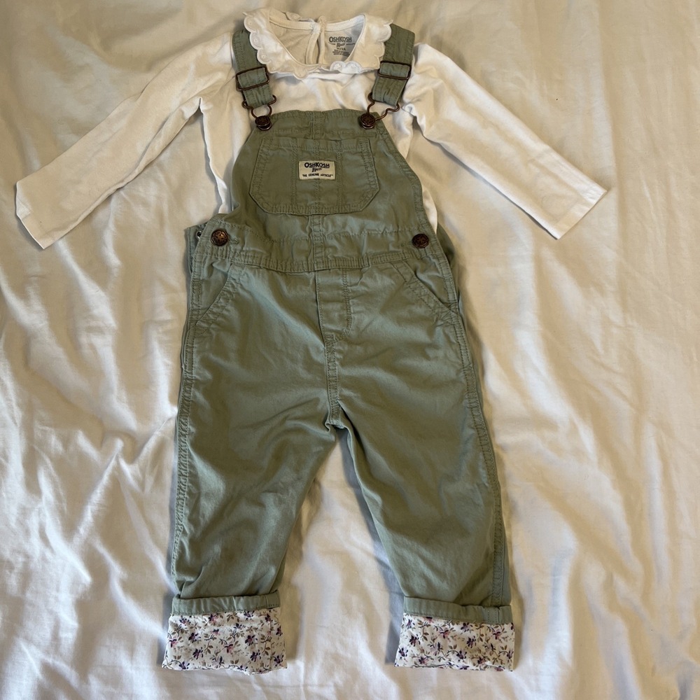 OshKosh Bgosh Girls 2T Sage Green Overalls Floral Cuff White Eyelet Lace Top Set